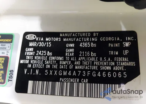 2015 Kia Optima Lx z USA, uszkodzony, nr VIN 5XXGM4A73FG466065